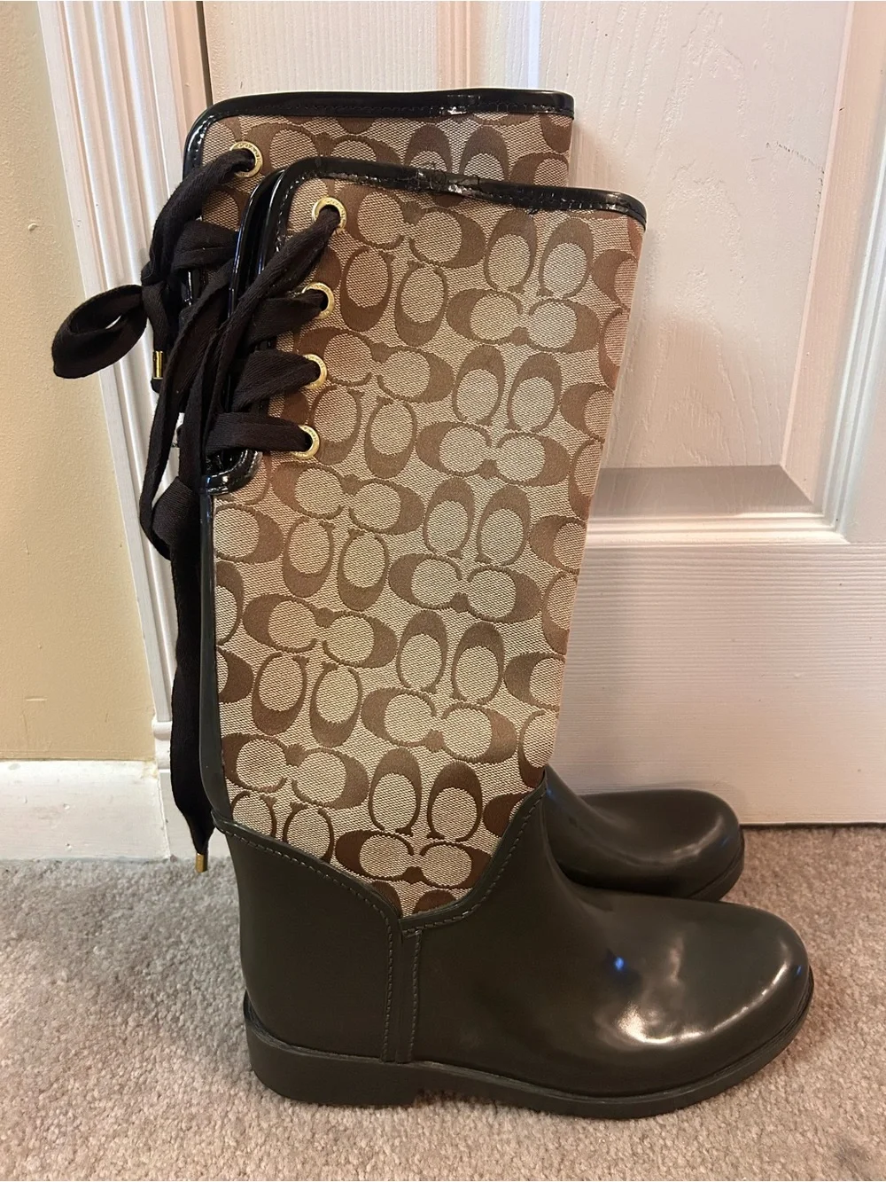 Coach Tan Signature Logo Rain Boots with Olive Trim